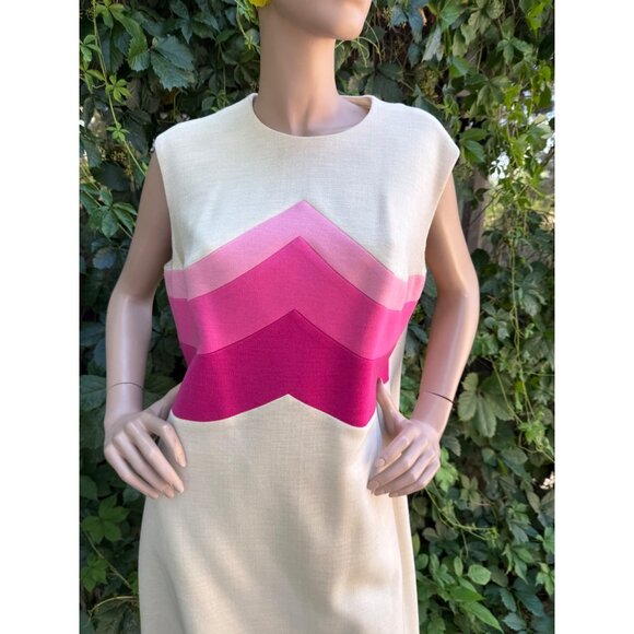 1960s Clarissa Modelle Virgin Wool Knit Shift Dress Mod Ivory Pink Chevron Sz 46 - Picture 4 of 15